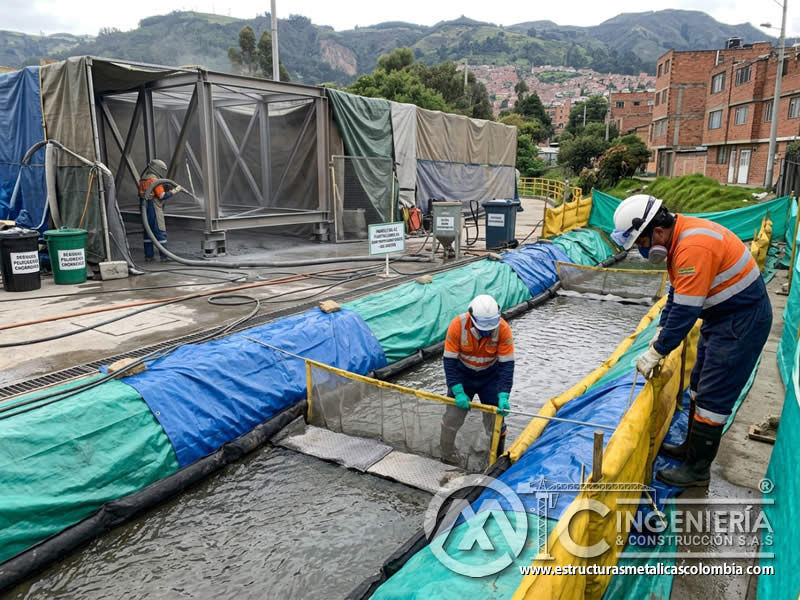 Protección de cuerpos de agua durante sandblasting con barreras y control de sedimentos en Bogotá, Colombia. Montajes, Ingeniería y Construcción. MIC SAS. Protección de cuerpos de agua durante sandblasting con barreras y control de sedimentos en Bogotá, Colombia. Montajes, Ingeniería y Construcción. MIC SAS.
